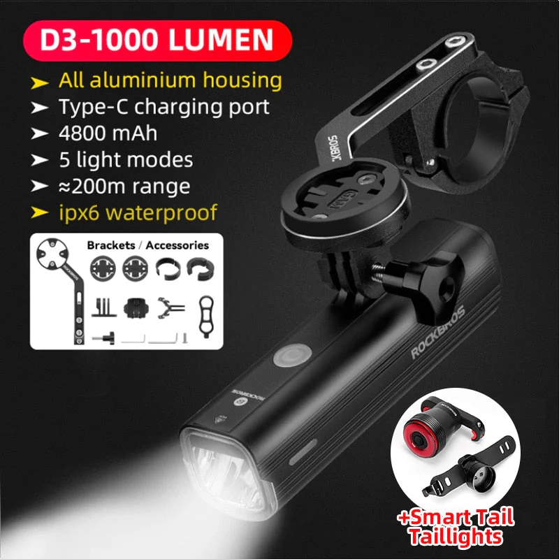 HULIANFU ROCKBROS 1000LM Bike Light Front Lamp USB Rechargeable LED 4800mAh Bicycle Light Waterproof Headlight Bike Accessories - Deanwangkt
