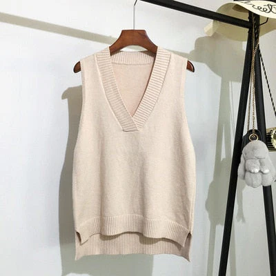 Autumn Women's Sweater Vest V-neck Sleeveless Irregular Casual Loose Knitted Pullover Tops Female Outerwear - Deanwangkt