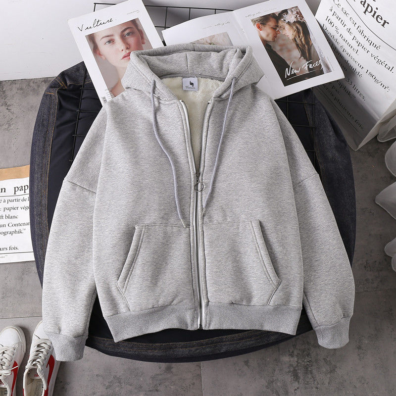 hulianfu Jacket women solid color hoodies autumn winter imitation lamb wool korean loose plus velvet thick zipper sweatshirt tops - Deanwangkt