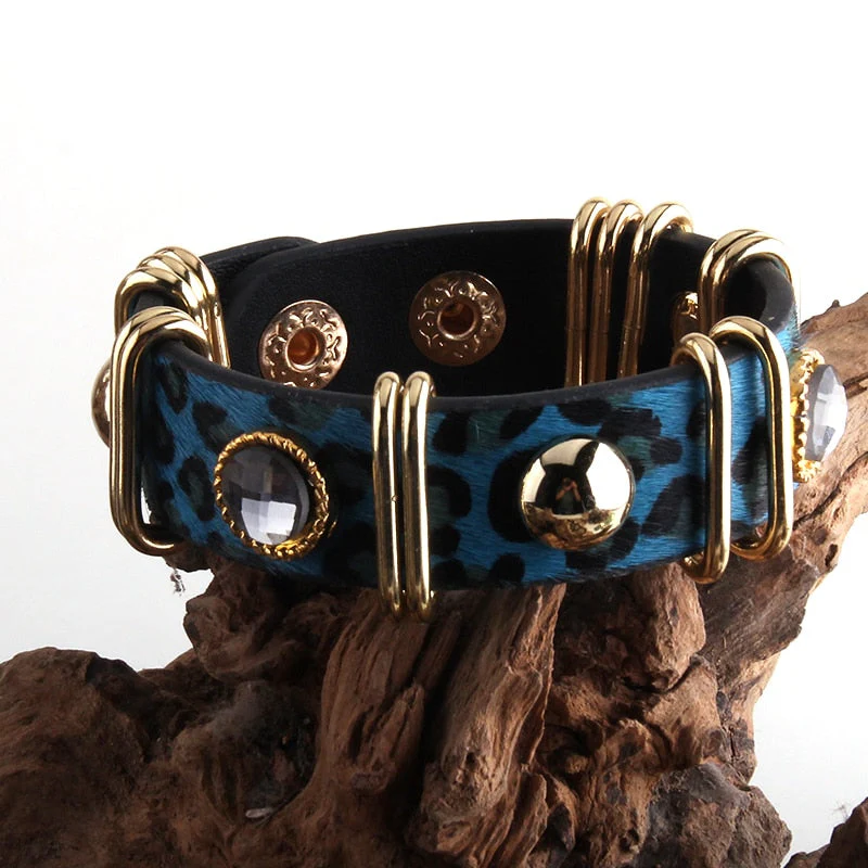 HULIANFU RH Fashion Boho Leather Armbander Goldcolor Metal Rectangle Real Leopard Horsetail Leather Bracelets For Women Gift DropShip - Deanwangkt