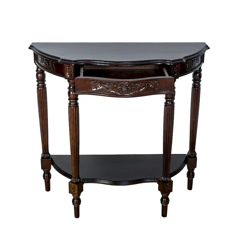 Half Crescent Moon Shape Engraved Wooden Console Table with 1 Drawer,Brown
