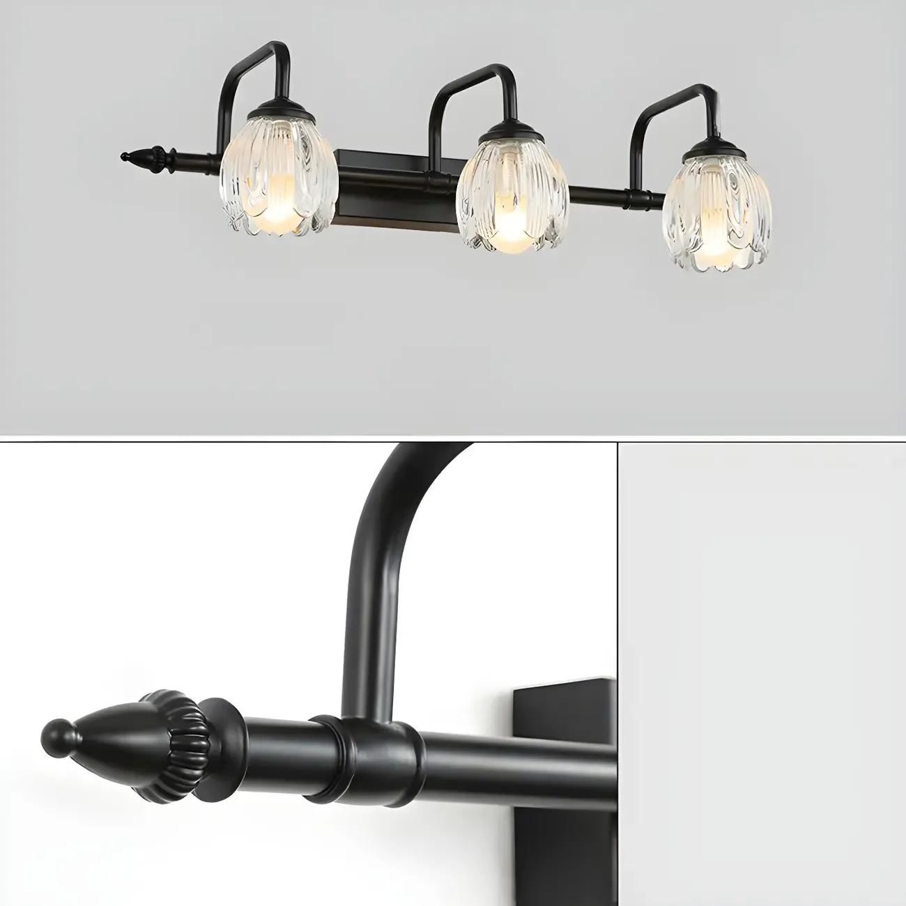 Elegant 3 heads Black Metal Wall Lamp with Crystal Globe