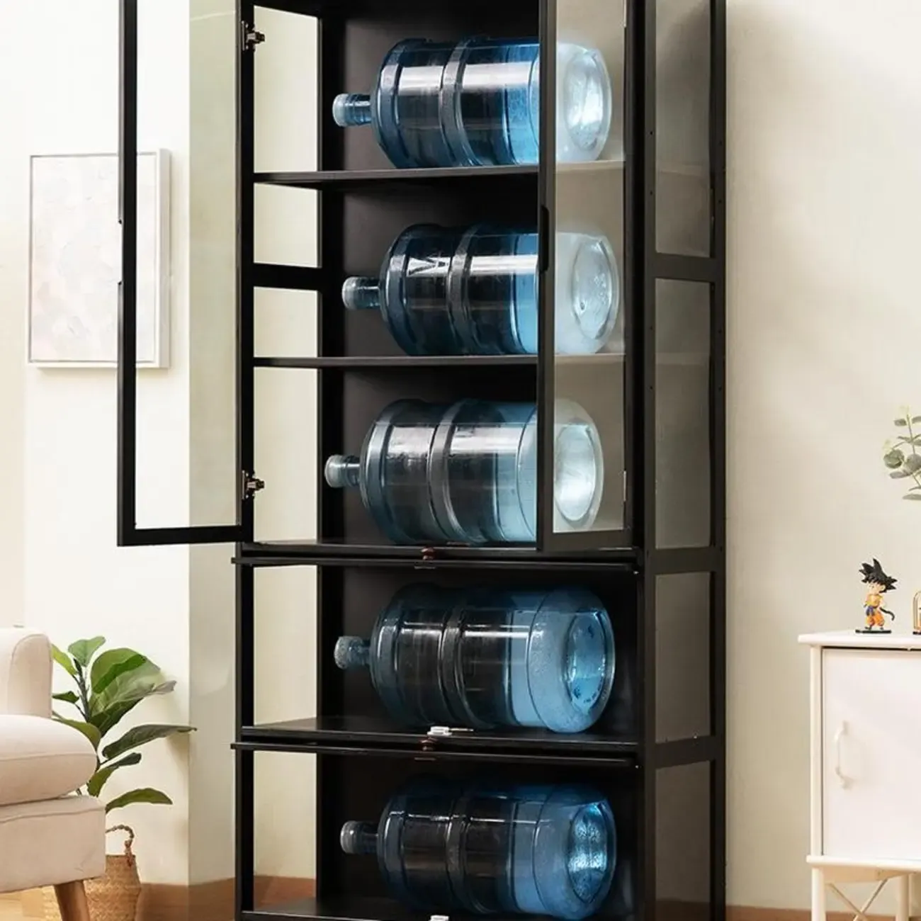 Modern Black Bamboo Adjustable Shelves Glass Display Cabinet