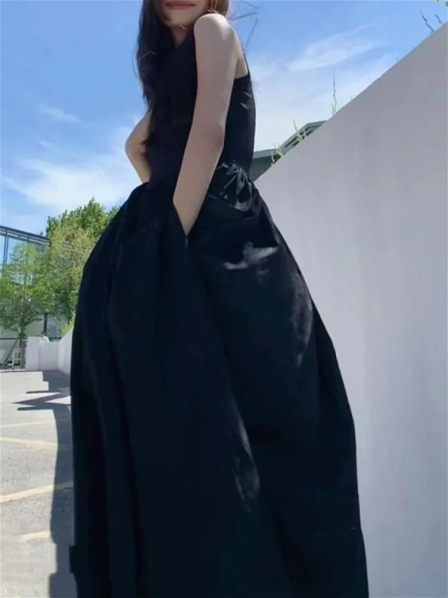 Black Long Tank Dress Women Spring Summer O Neck Floor-length Office Lady Casual Pockets Dresses  New Female Clothing - Deanwangkt