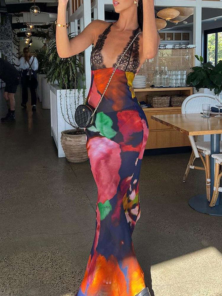 Hulianfu Elegant Tie Dye Floral Chiffon Dress For Women 2026  Summer Sexy Bandage Backless Lace Long Dresses Female Beach Evening Robe - Deanwangkt