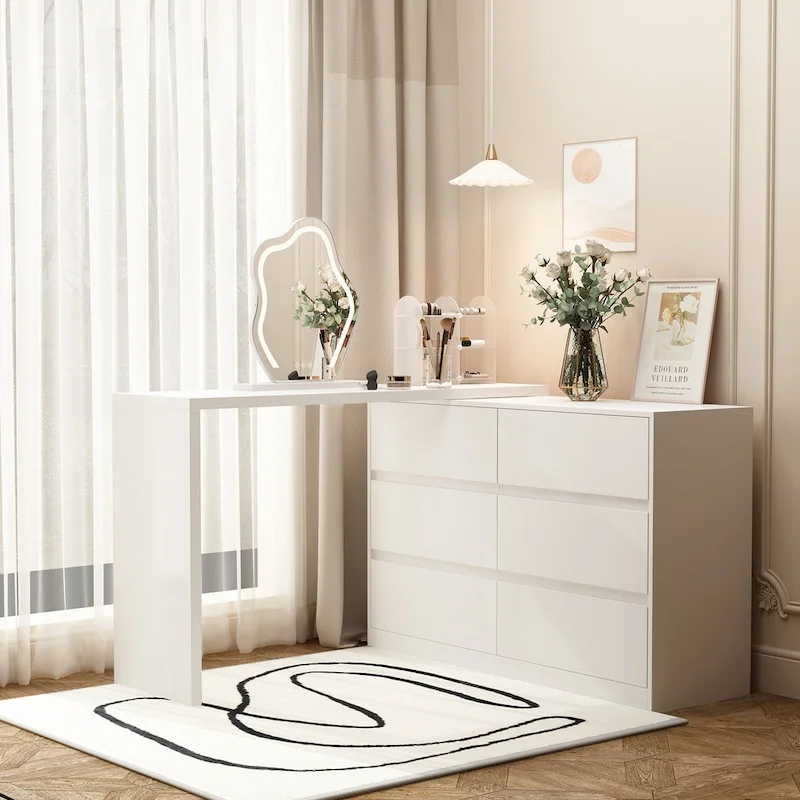 Makeup Desk Rotating Dresser and Desk 6 Drawer Dresser Vanity Makeup