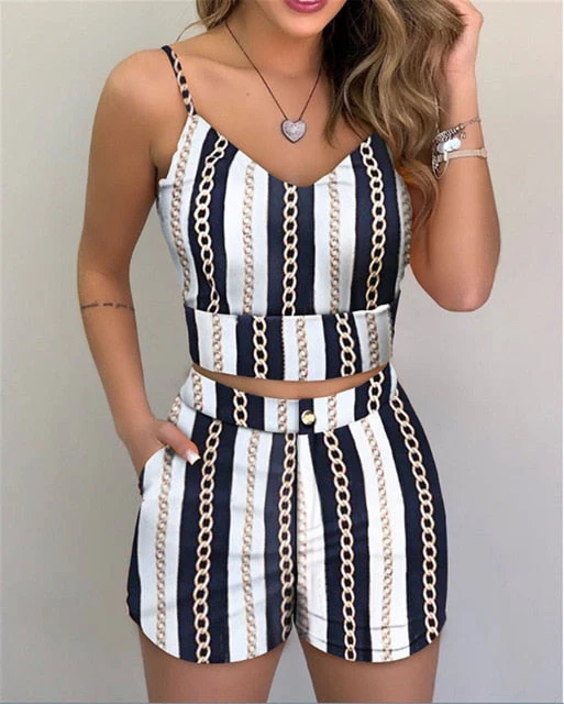 Fashion Women Shorts Suits 2Pieces Sets Summer Office Lady Floral Strap Tank Crop Top+High Waist Button Shorts Female Outfits - Deanwangkt