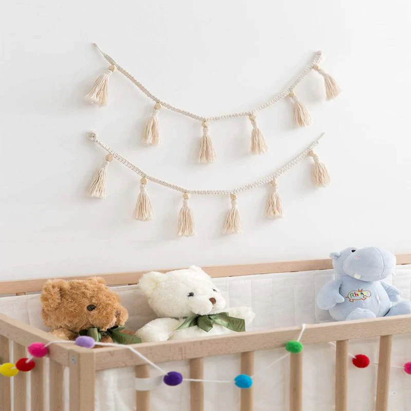 HULIANFU Nordic Cotton Rope Wooden Bead Garland with Tassel Wall Hanging Nursery Props Ornament Kids Baby Room Decor S24 20 Dropship - Deanwangkt