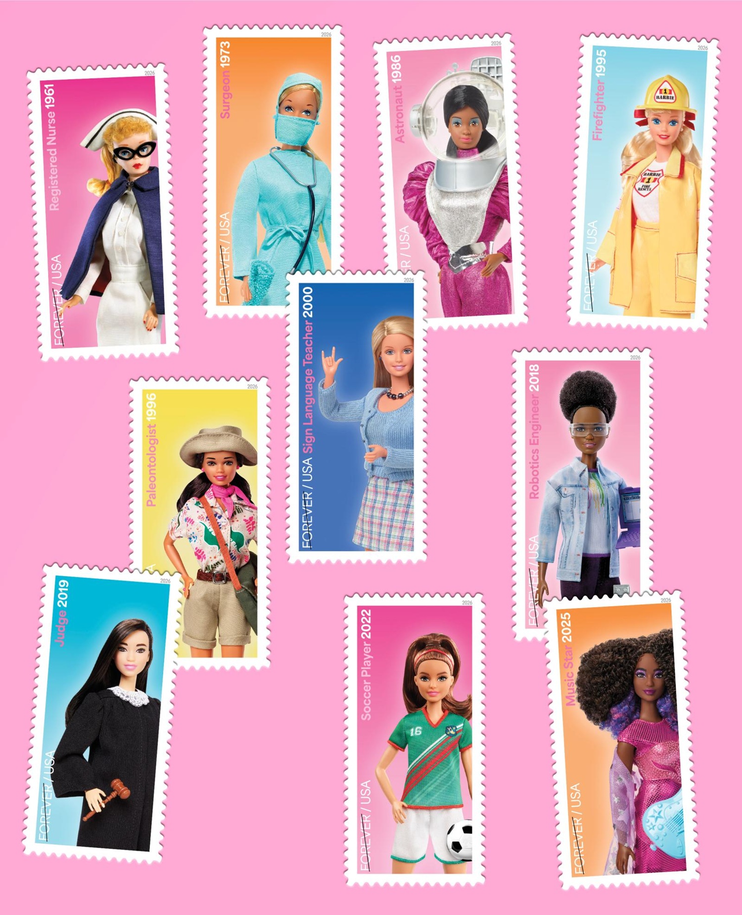 USPS Celebrates Barbie with 10 New Stamp Designs - TWENTYSTAMPS