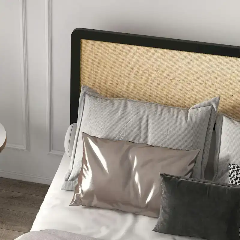 Bed Frame with Rattan Headboard, No Box Spring Needed