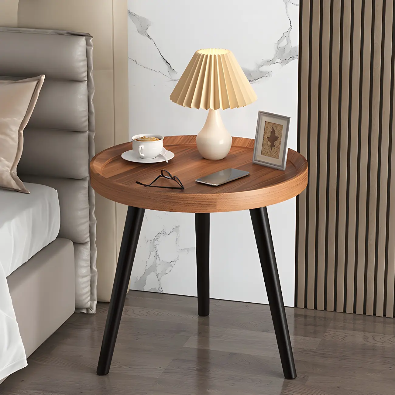 Natural Espresso Wood Small Round End Side Table with Tray Top & Shelf