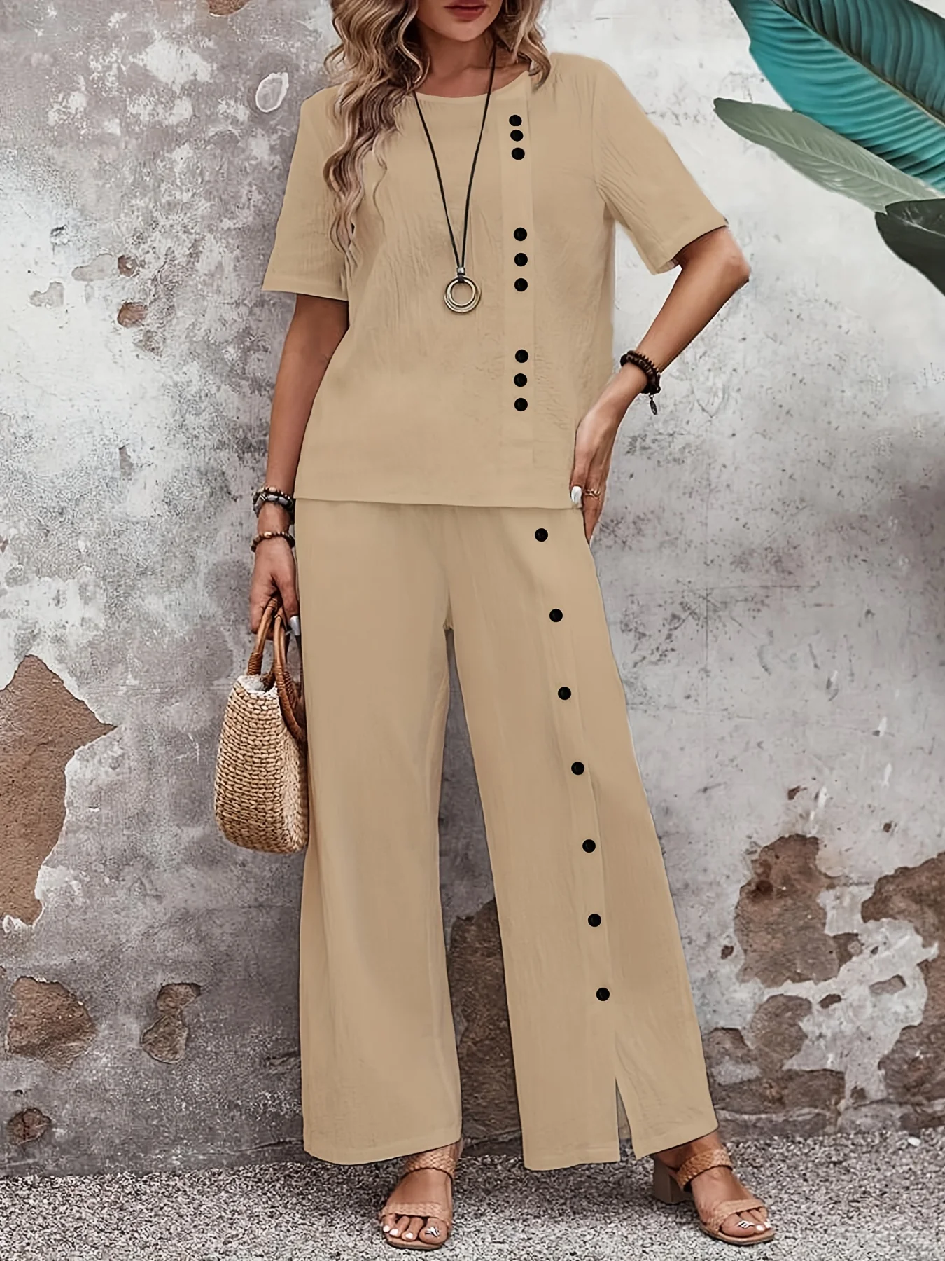 Two-Piece Elegant Crew Neck Short Sleeve Top and Split Wide Leg Pants Set - Soft Micro Elastic Polyester Fabric, Solid Color, and Classic Style for Spring/Summer - Womens Clothing Outfit - Deanwangkt