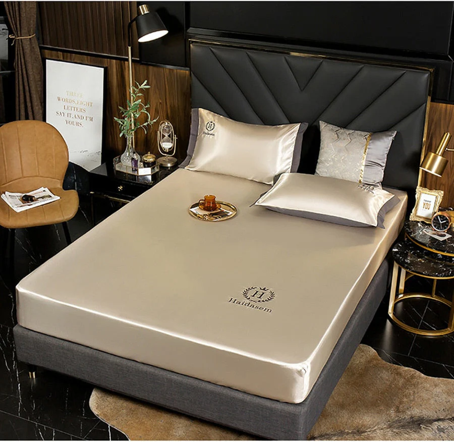HULIANFU  WOSTAR Luxury ice silk fabrics elastic fitted sheet summer solid bedding mattress protector cover queen king size bed sheet set - Deanwangkt