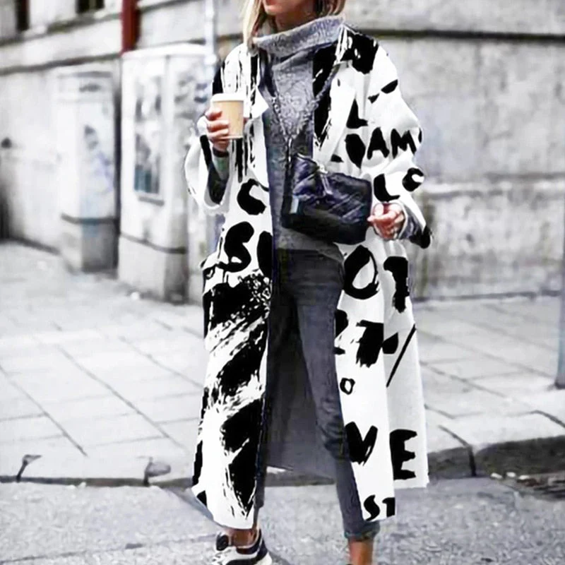 Hulianfu Fashion Casual Long Sleeve Winter Women Warm Jackets Vintage Printed Tweed Long Cardigan New Lady Elegant Lapel Pocket Outerwear - Deanwangkt