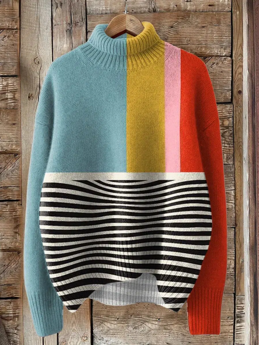 Special High Neck Long Sleeve Striped Print Sweater