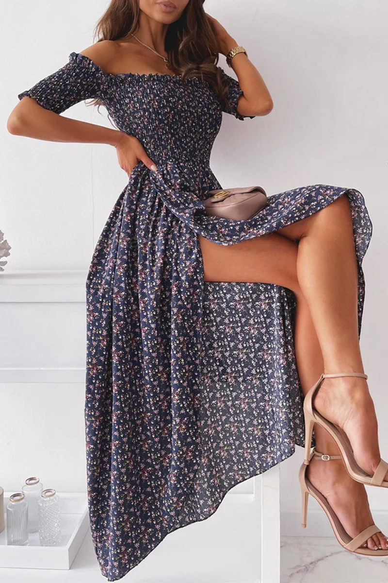 hulianfu Elegant Floral Slit Fold Off the Shoulder Waist Skirt Dresses(5 Colors) - Deanwangkt
