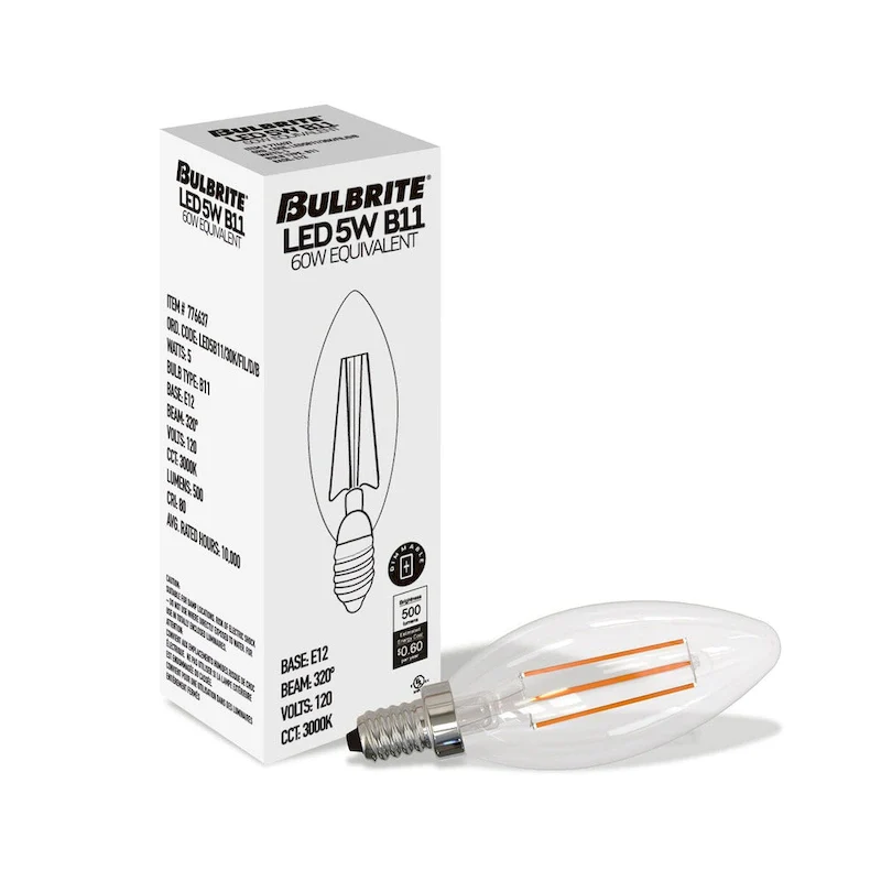 Bulbrite LED Filament Pack of (4) 5 Watt Dimmable B11 Light Bulb with Clear Glass Finish and Candelabra (E12) Base