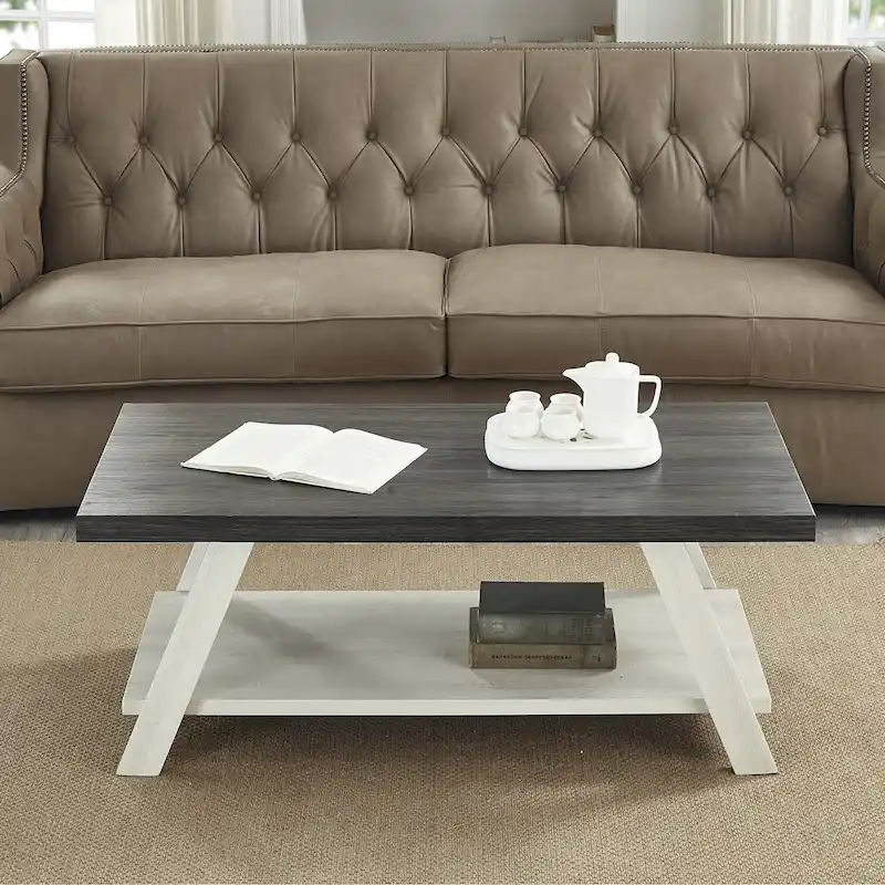 Contemporary Two-Tone Wood Shelf Coffee Table in Weathered for Living Room