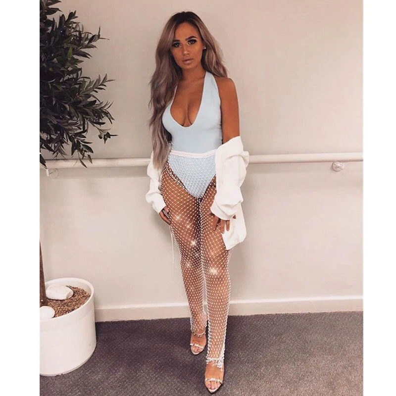 Women Bikini Bling Crystal Cover Up Tops Sexy Fishnet Hollow Out See Through Swimsuit Swimwear Tops Black White - Deanwangkt