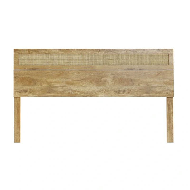 Oak Finish Manufactured Wood with Natural Rattan Top Headboard, King or Queen