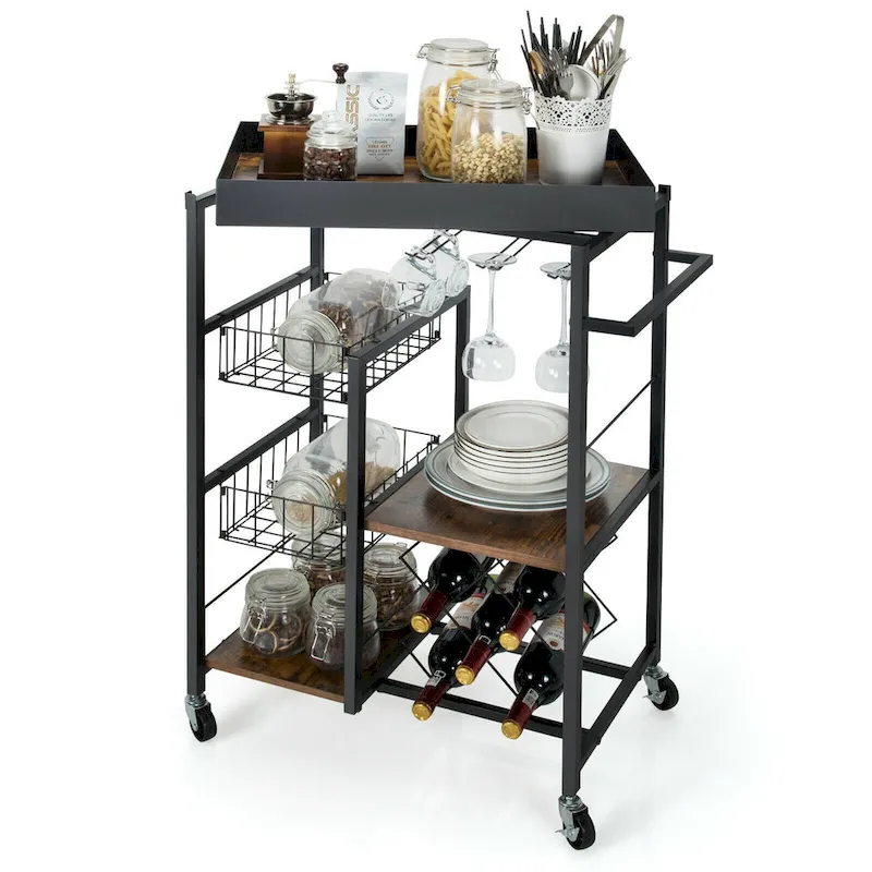 Gymax 4-Tier Kitchen Bar Cart Rolling Serving Trolley Wine Rack - See Details
