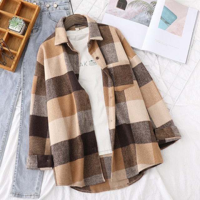 Hulianfu Spring New Women Big Plaid Full Sleeve Thick Warm Woolen Shirt Jacket Winter Oversize Tops Stylish Girl Casual Outwear T0N444T - Deanwangkt