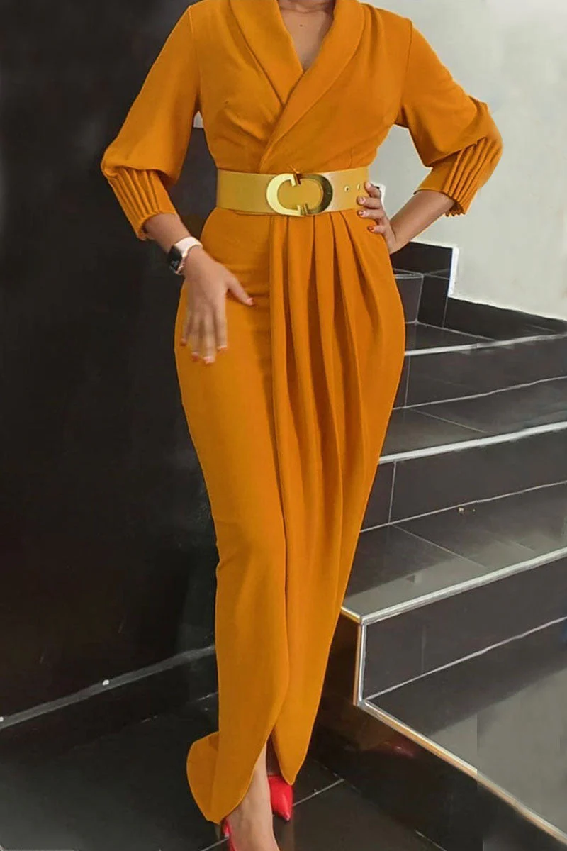 hulianfu Elegant Solid Patchwork Fold With Belt V Neck Long Sleeve Plus Size Dresses - Deanwangkt
