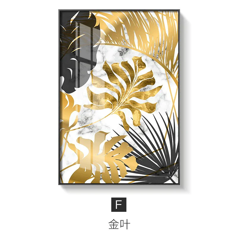 HULIANFU Nordic Golden Abstract Leaf Flower Wall Art Canvas Painting Modern Plant Poster Print Wall Picture Living Room Unique Decoration - Deanwangkt