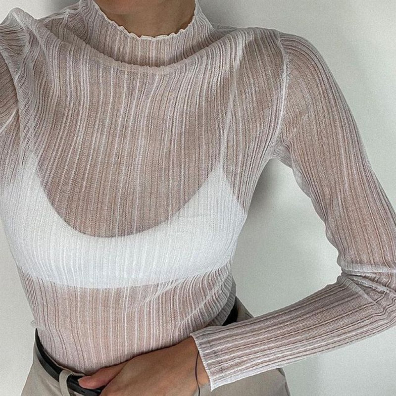 Hulianfu Fall Elegant See Through Long Sleeve Mock Neck Women Tops Fashion Streetwear Sexy T-Shirts Tees Slim Clothes - Deanwangkt