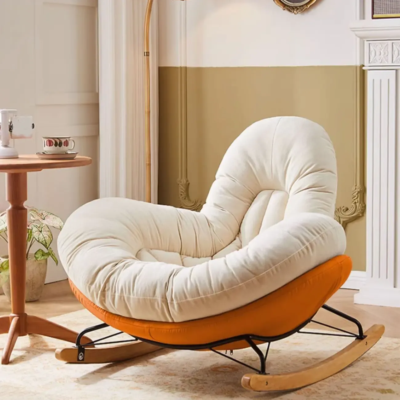 Wide Seat Upholstered Rocking Chair in Beige with Ottoman