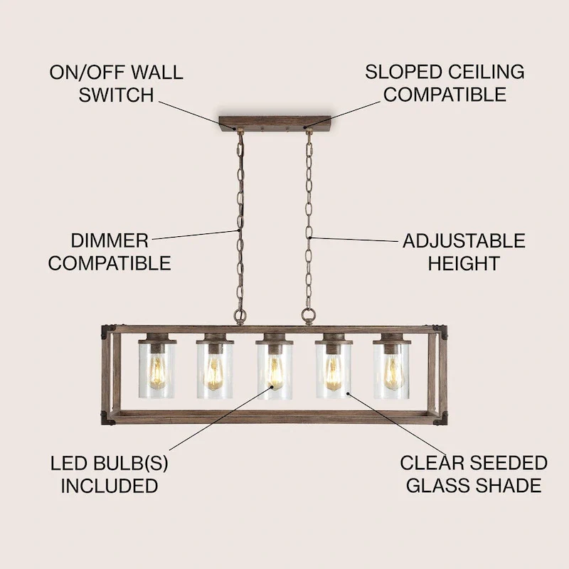 Darlene 36  5-Light Linear Adjustable Iron/Seeded Glass Rustic Farmhouse LED Pendant, Brown by JONATHAN Y