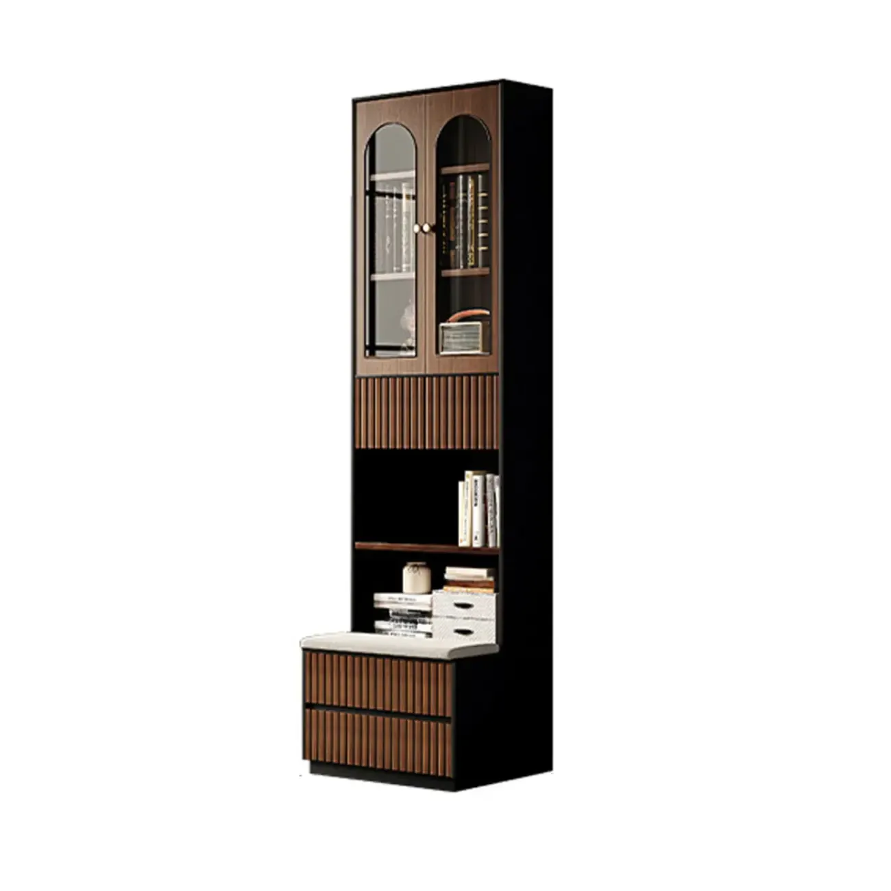 Tall French Country Display Wooden Bookcase with Cushioned Bench