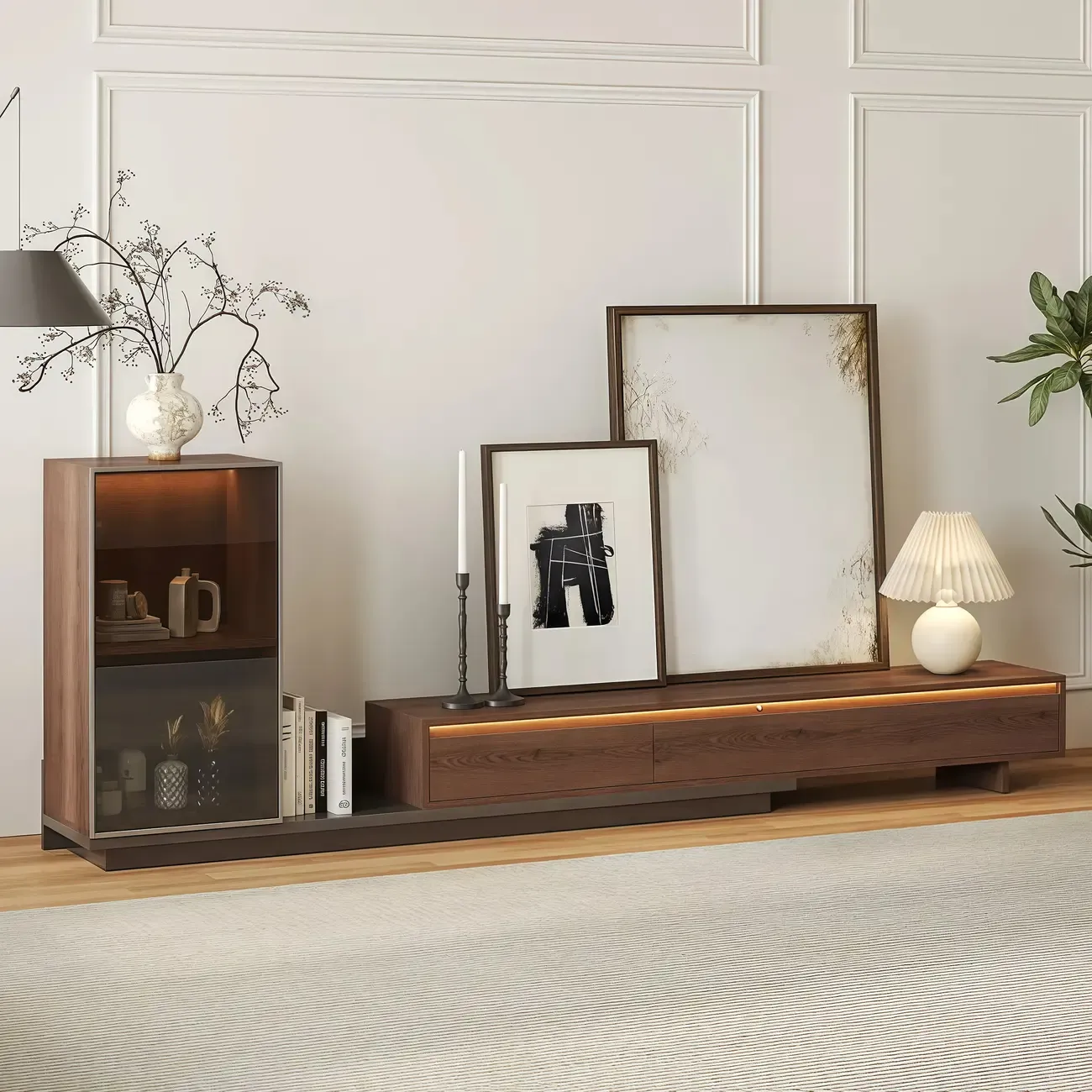 Mid-Century Walnut Extendable Wooden TV Stand with Drawers