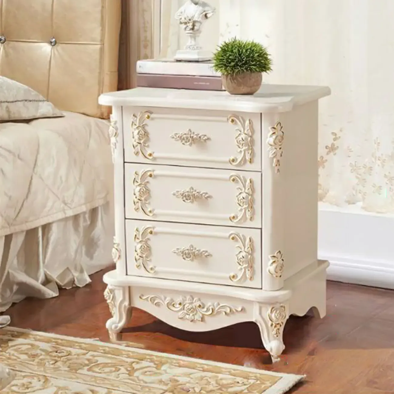 Traditional White Wood Carved 3-Drawer Nightstand