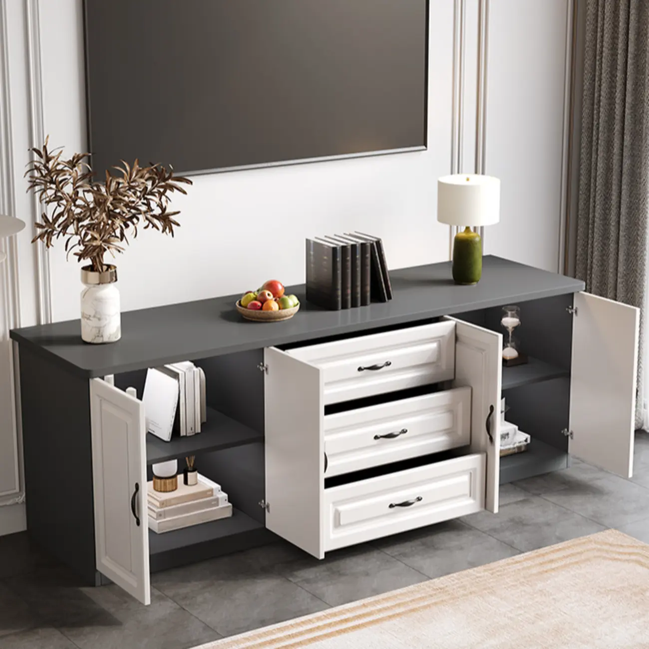 Modern Long Wood TV Stand with Cabinets