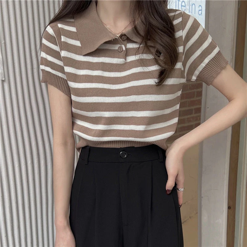 Hulianfu Summer Vintage Striped Polo Collar T Shirts Women's Knitted Short Sleeve Thin Cropped Tshirt Crop Top For Slim Girls - Deanwangkt