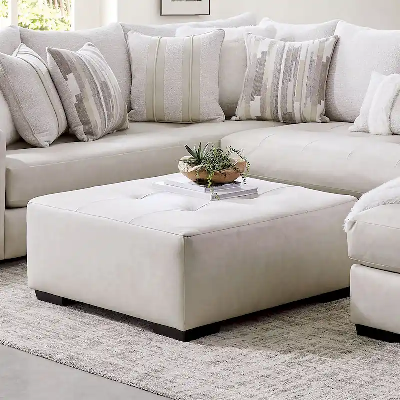 Kedi Transitional Ivory Faux Leather Button Tufted Ottoman by Furniture of America