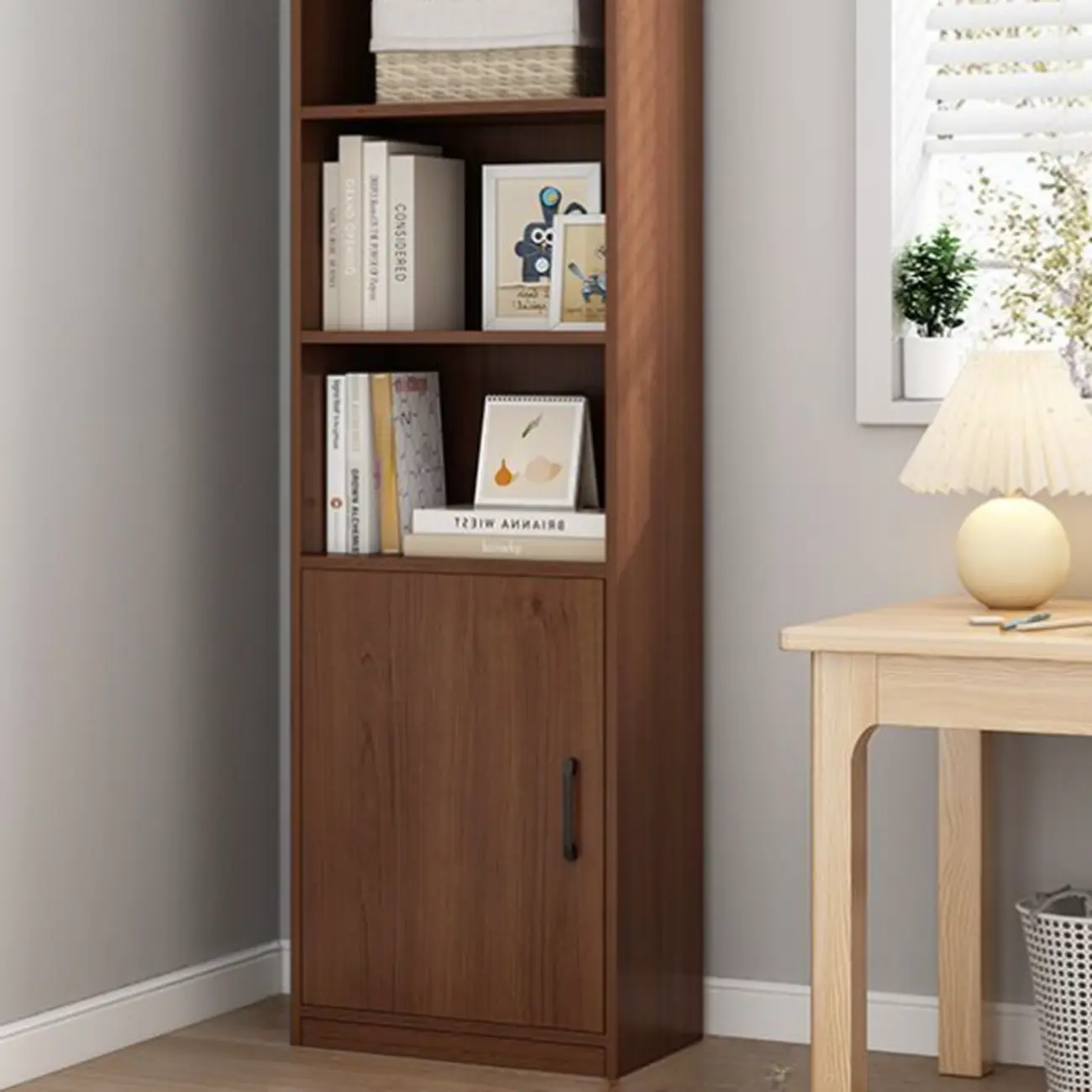 Narrow Modern Nut-Brown Wooden 3-Shelf Bookcase with Cabinet