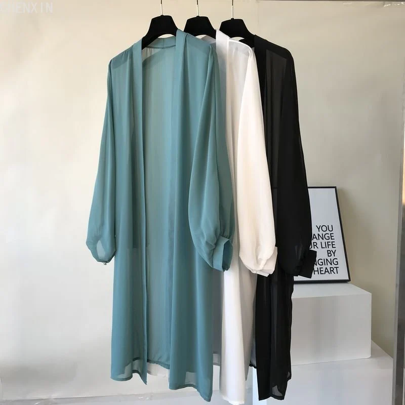 Hulianfu long Jacket Women Summer Thin Loose See-through Sunscreen Pure Long Sleeve Sexy  Coat Chiffon Bohemian Female New Fashion Tops - Deanwangkt
