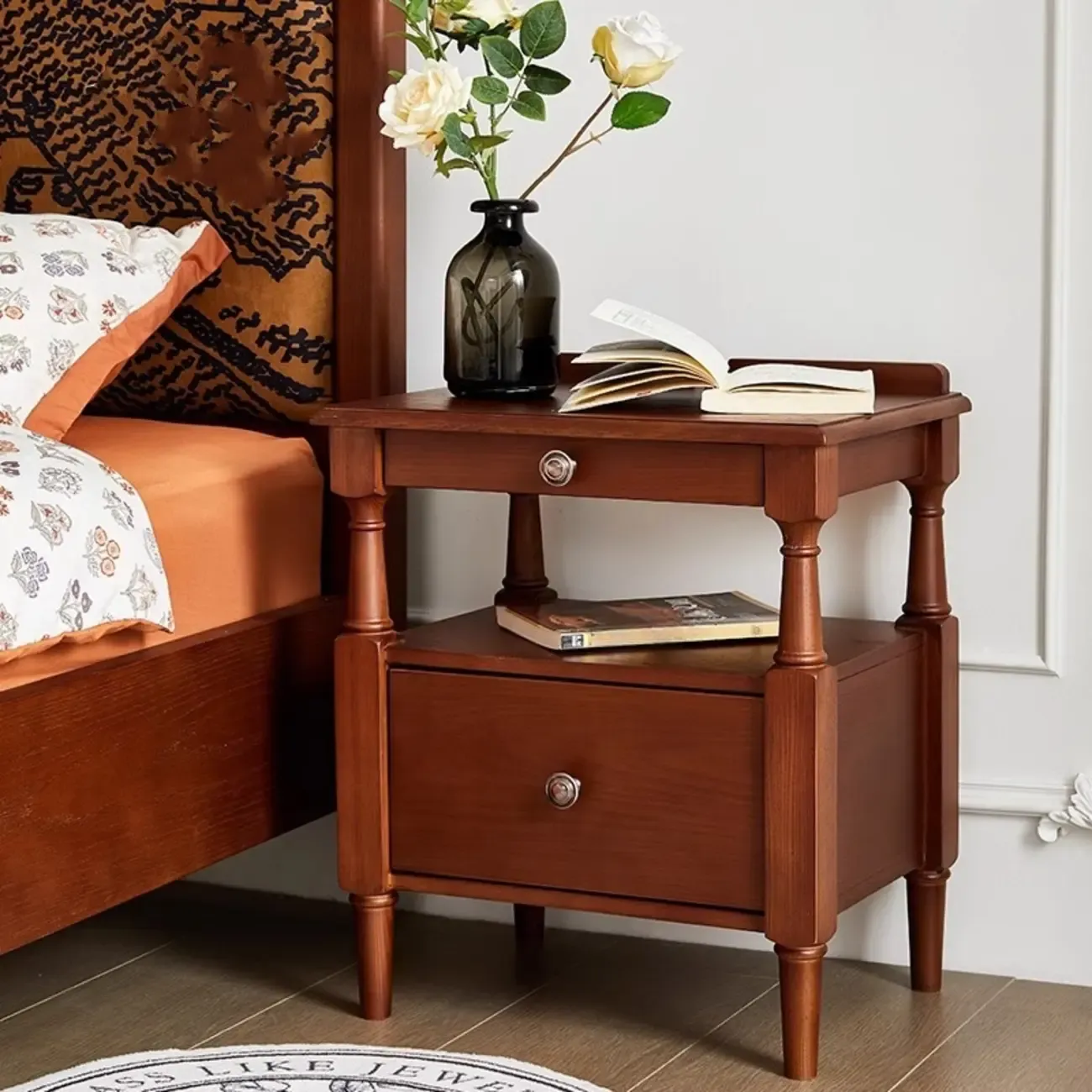 French Country Black 2 Drawers Wooden Nightstand