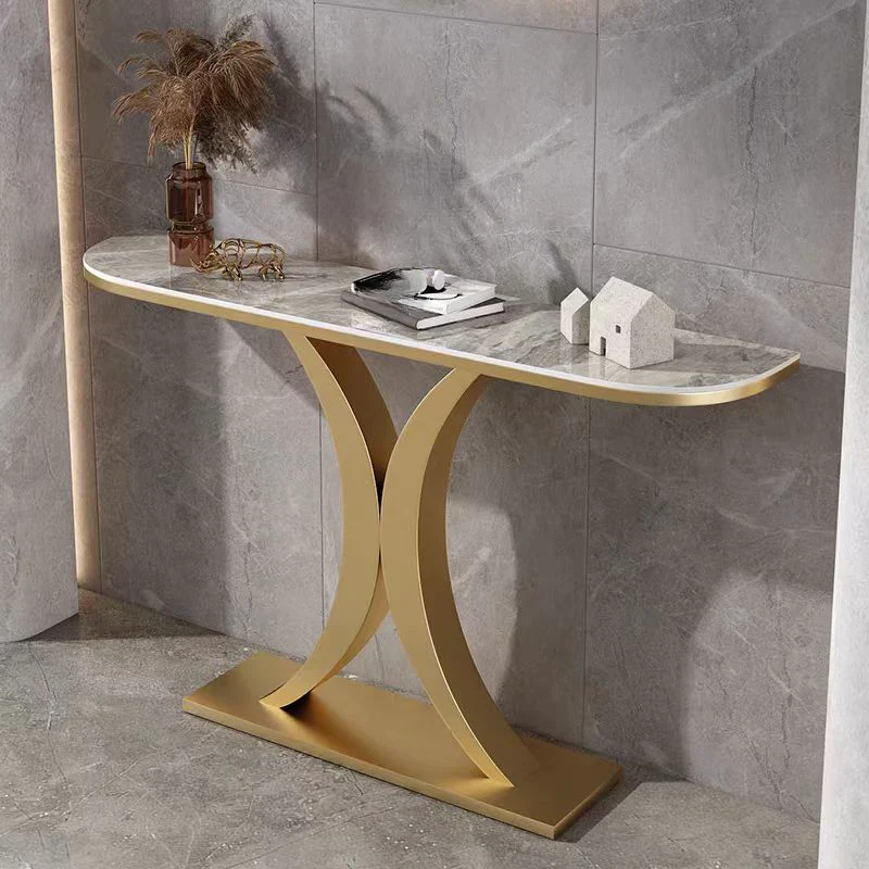 White Half-Circle Stone Rose Gold Entryway Console Table