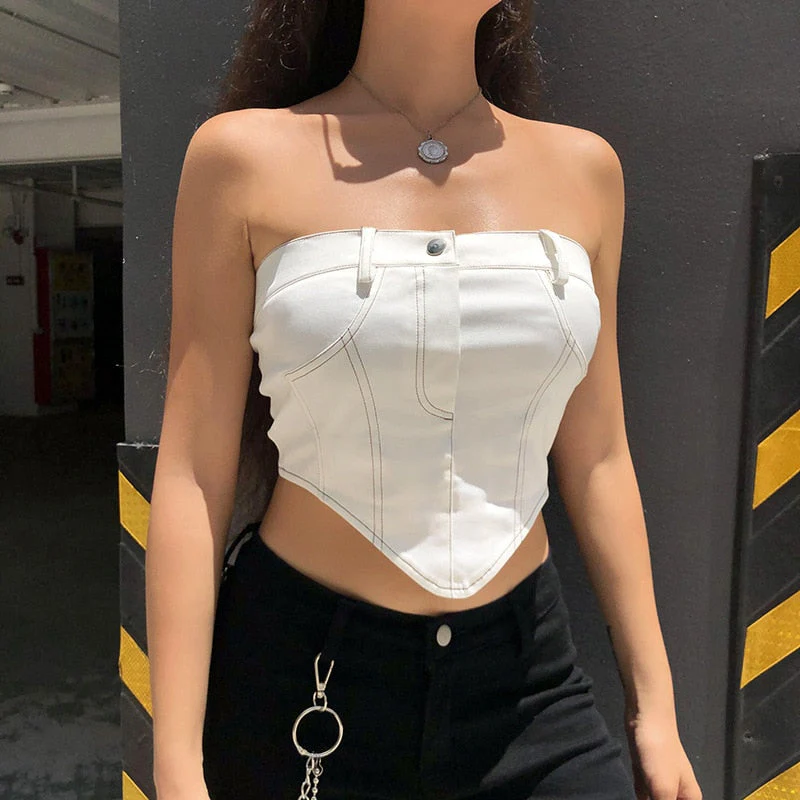 Hulianfu White Strapless Cropped Tube Top Women Sexy Backless Boob Tube Crop Tops Zipper Black Thread Camisole Summer - Deanwangkt