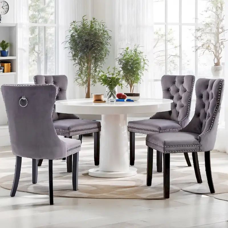 Velvet Dining Chairs Set of 2, Upholstered High-end Tufted Dining Room Chair with Nailhead Back Ring Pull Trim Solid Wood Legs