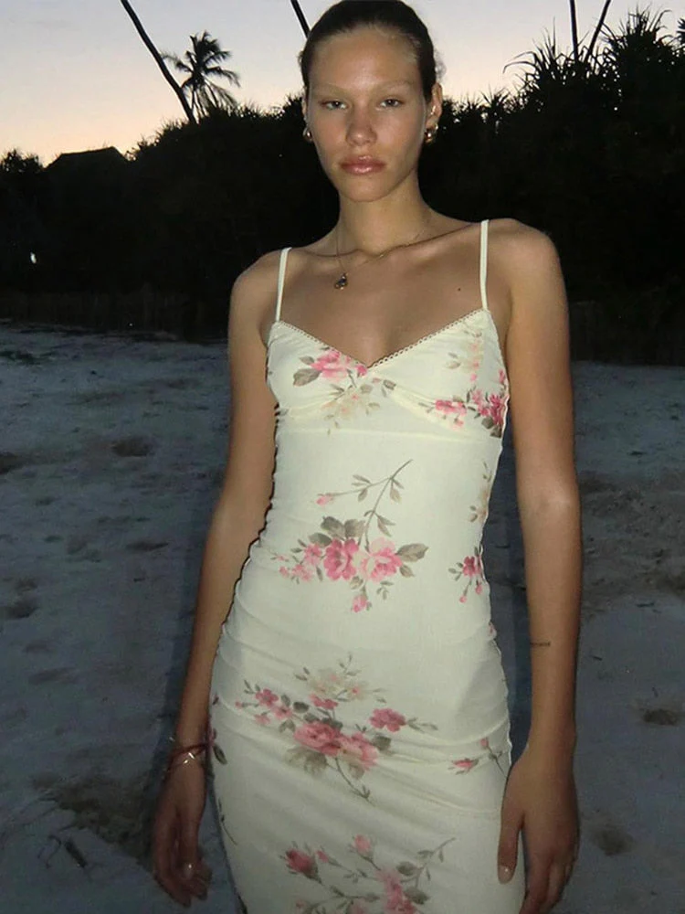 Hulianfu Fashion Flower Print Spaghetti Strap Dress Women Elegant V Neck Backless Midi Dresses 2026  Summer New Sweet Ladies Vestidos - Deanwangkt