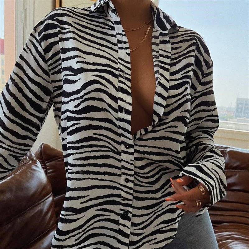 Hulianfu Fashion Women's Shirts Button Down Lapel  Abstract/Zebra Print Long Sleeve Loose Shirt Femme Tops Autumn New - Deanwangkt