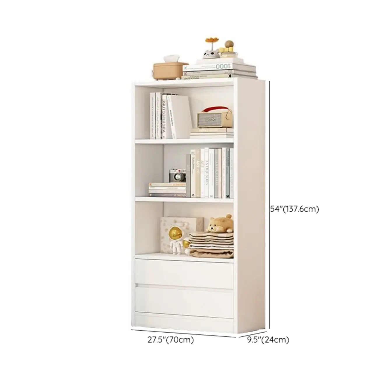 Simple Wooden White 3-Tier Bookcase with Drawers