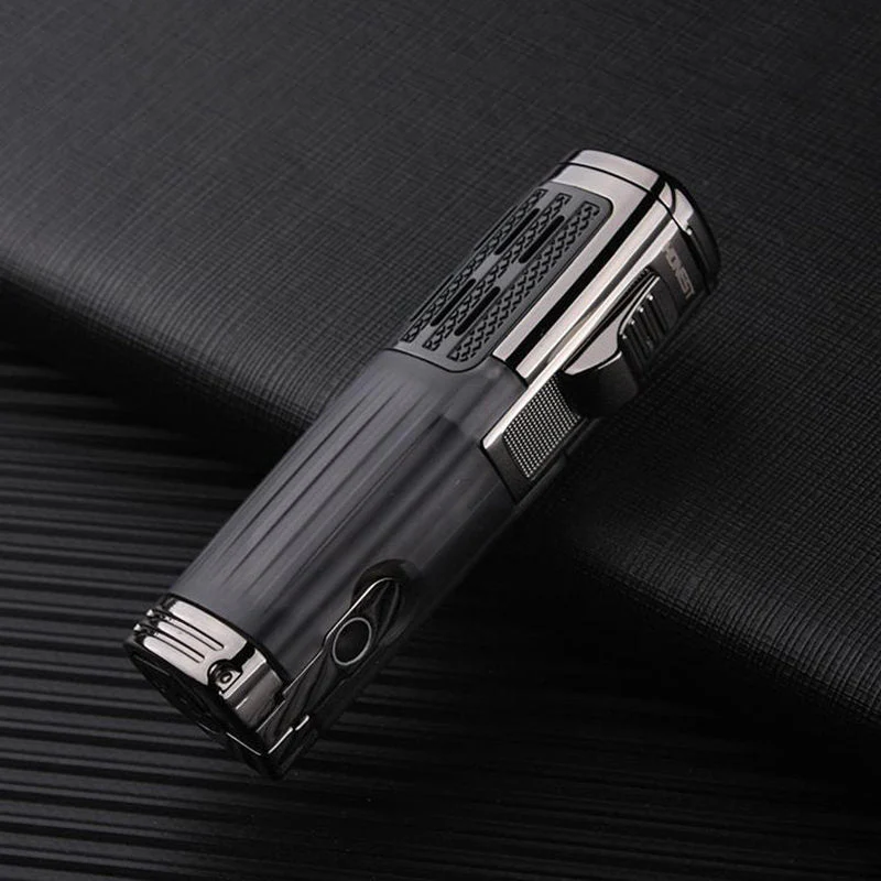 HULIANFU Metal Windproof Spray Gun Gas Lighter Smoking Four FlamesTorch 1300 C Multifunction Cigar Butane Lighters With Cigar Cutter - Deanwangkt