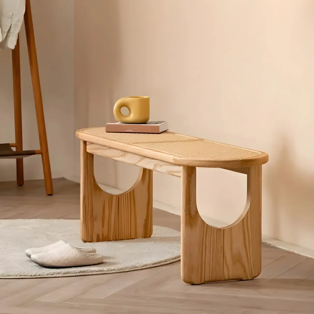 Rectangular Black Rattan Top Rubberwood Bench