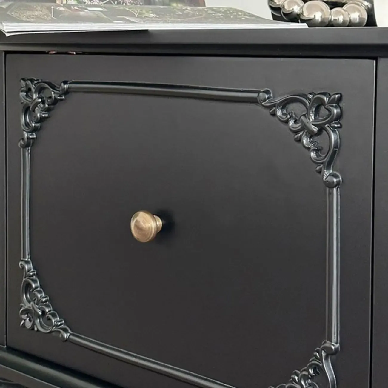 Traditional Black Wooden Carved Leggy Nightstand with Drawer