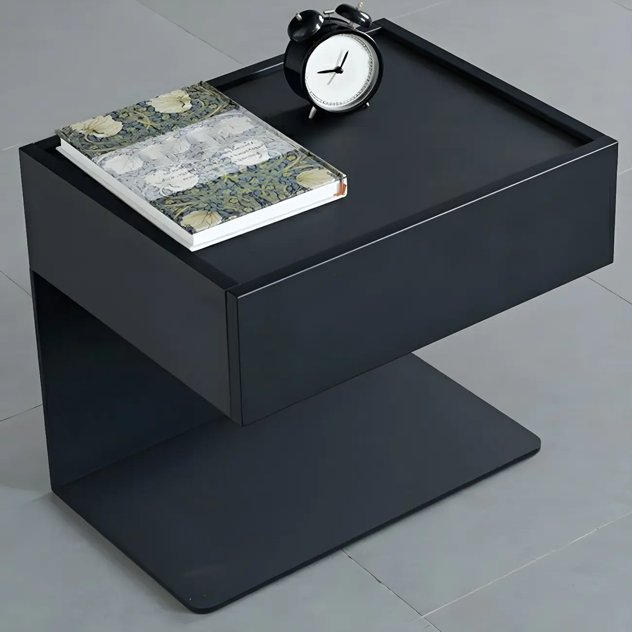 Black Steel Wood C-Shaped Drawer Nightstand with Light